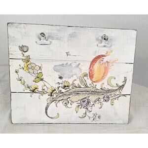 Decorative Double Clip Picture Holder White w/Floral Transfer Chippy Distressed